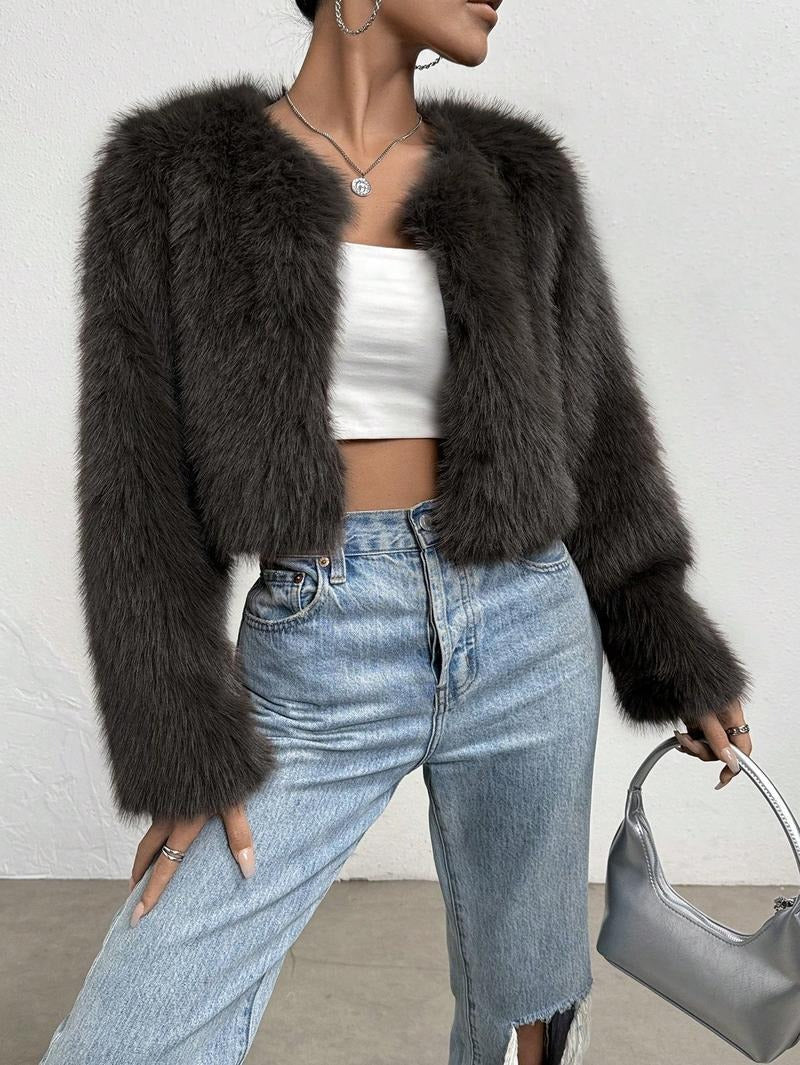 Dames cropped jas imitatiebont – losse pasvorm met open voorkant