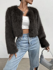 Dames cropped jas imitatiebont – losse pasvorm met open voorkant