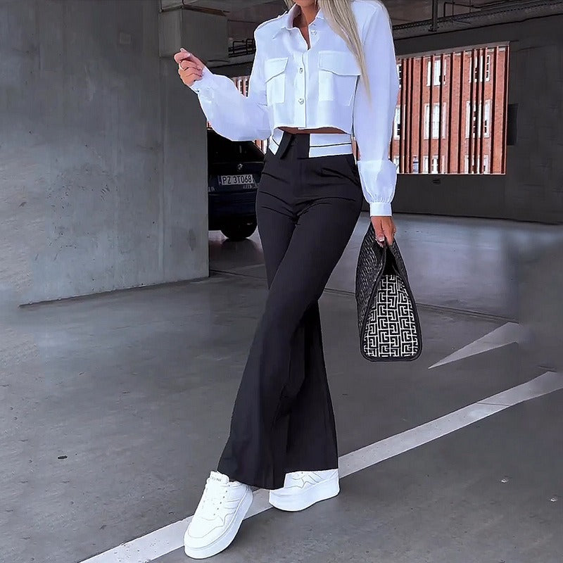 Dames tweedelige set – cropped overhemd met kraag & flared hoge taille broek