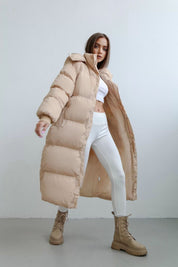 Dames Lange Puffer Trenchcoat – Oversized Gewatteerde Winterjas met Capuchon & Hoge Kraag