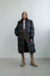 Dames Lange Puffer Trenchcoat – Oversized Gewatteerde Winterjas met Capuchon & Hoge Kraag