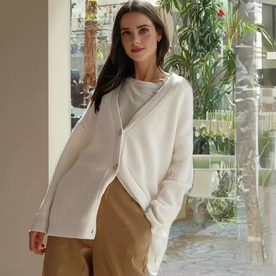 Dames gebreid vest – oversized pasvorm met V-hals & knoopsluiting