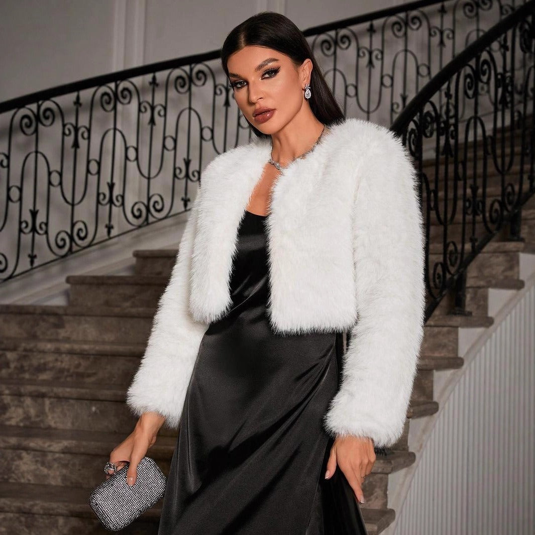 Dames cropped jas imitatiebont – losse pasvorm met open voorkant