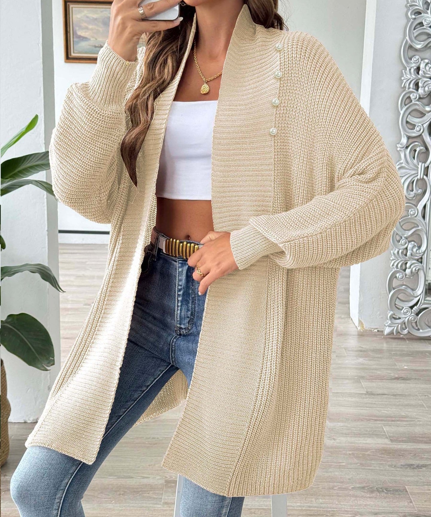 Dames lang vest – losse pasvorm met sjaalkraag & pareldetail