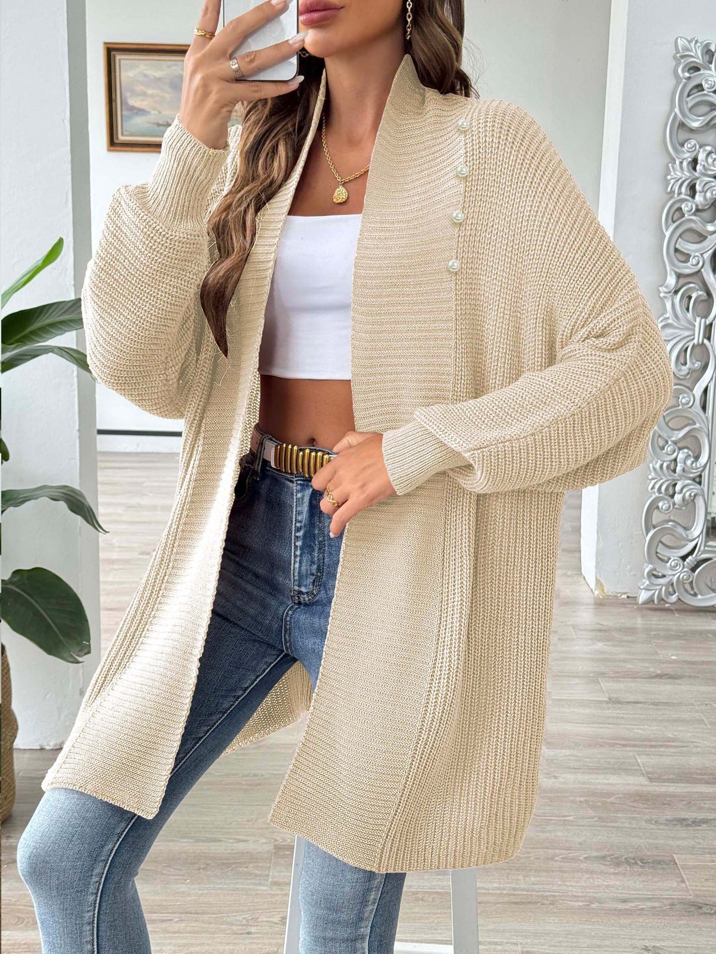 Dames lang vest – losse pasvorm met sjaalkraag & pareldetail