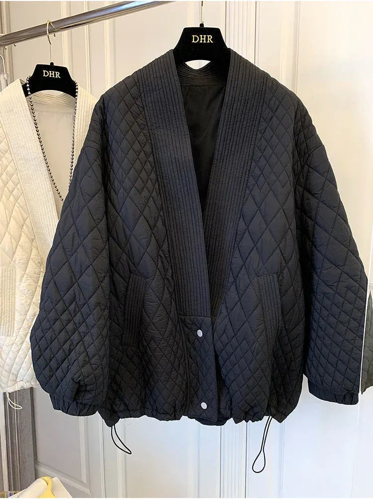 Dames gewatteerde jas – oversized relaxed fit met ribkraag & trekkoord