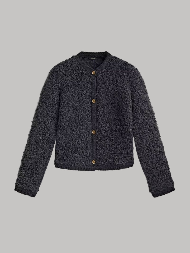 Dames vest shaggy knit – cropped model met knoopsluiting & ronde hals