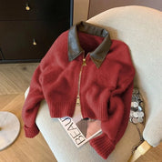 Dames gebreid vestjack – cropped model met leren kraag & ritssluiting