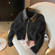 Dames gebreid vestjack – cropped model met leren kraag & ritssluiting