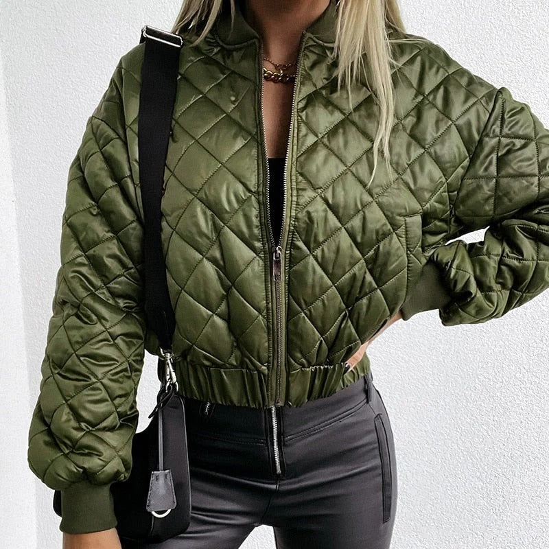 Dames Bomberjack | Diamant Gewatteerd | Relaxed Fit & Geribde Boorden