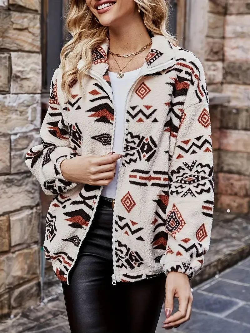 Dames jas fleece – relaxed fit met geometrisch patroon & ritssluiting