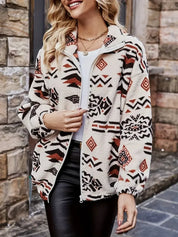 Dames jas fleece – relaxed fit met geometrisch patroon & ritssluiting