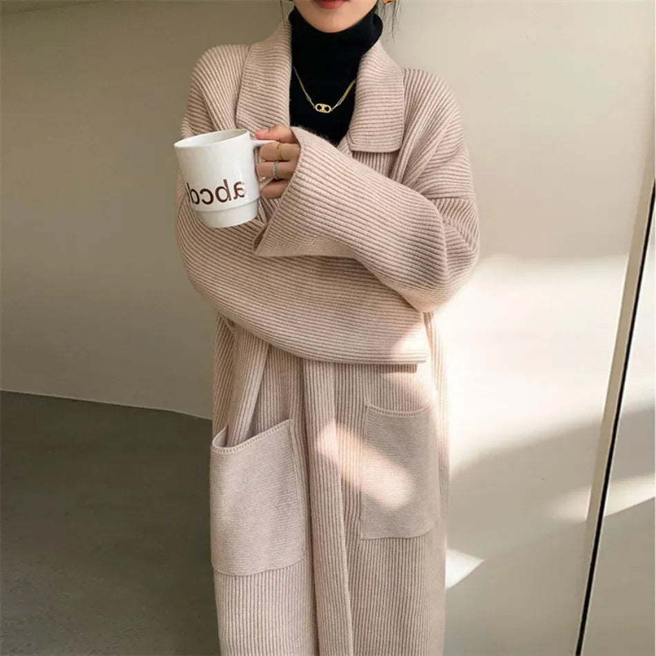 Dames Lang Vest – Oversized Ribbelstructuur Vest met Open Voorzijde & Zakdetails