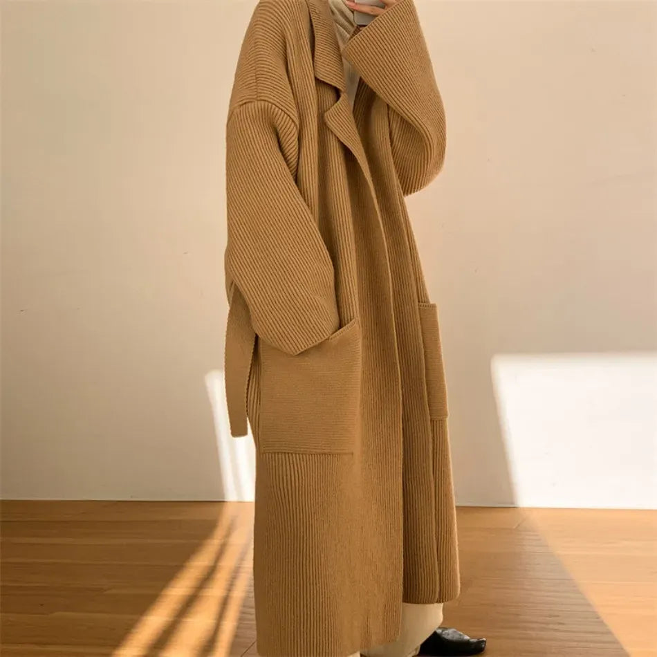 Dames Lang Vest – Oversized Ribbelstructuur Vest met Open Voorzijde & Zakdetails