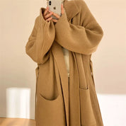 Dames Lang Vest – Oversized Ribbelstructuur Vest met Open Voorzijde & Zakdetails