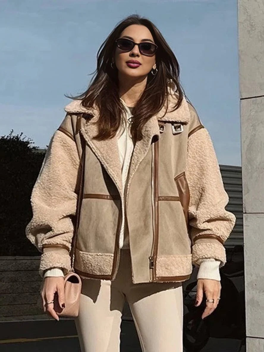 Dames motorjack oversized – shearling & suède look met notch revers