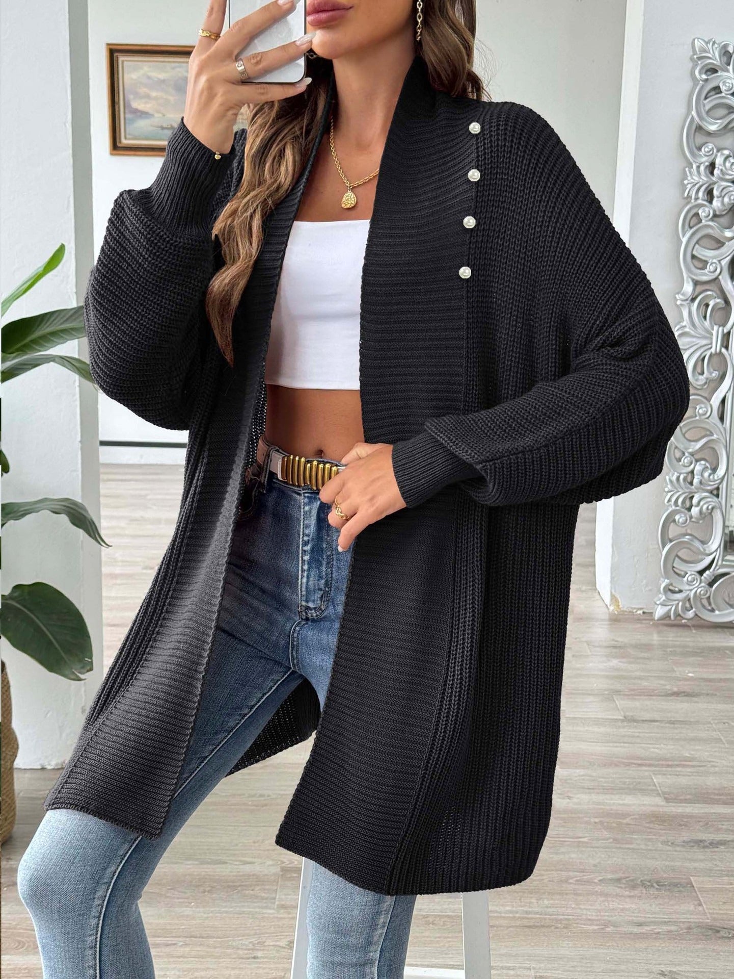 Dames lang vest – losse pasvorm met sjaalkraag & pareldetail