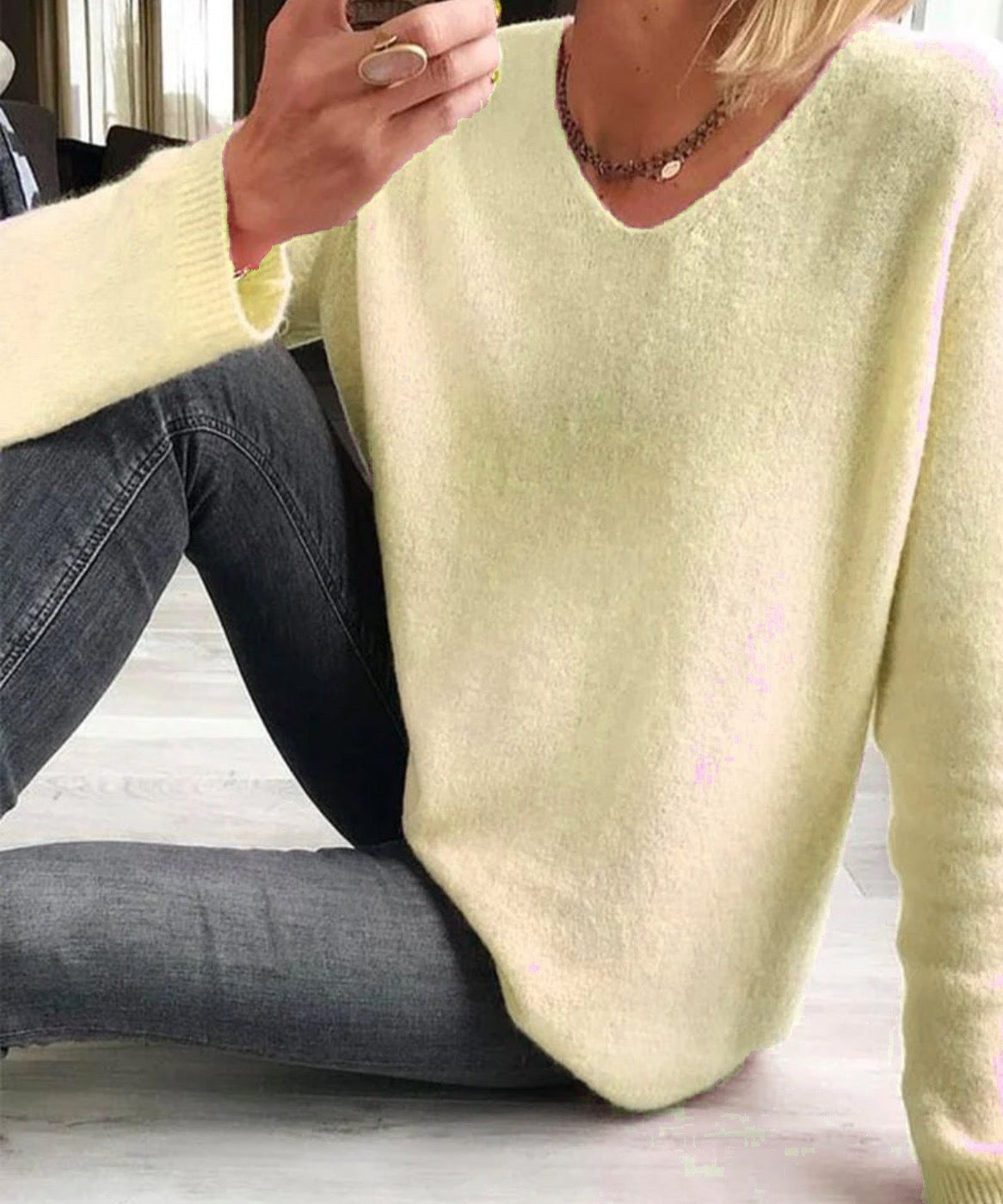 Jacobs dames trui – eenvoudige effen trui met V-hals en lange mouwen