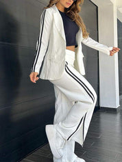 Blazer Broek Set Dames – Luxe Gestreepte Tweedelige Outfit van Katoen