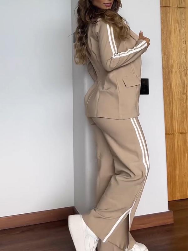 Blazer Broek Set Dames – Luxe Gestreepte Tweedelige Outfit van Katoen