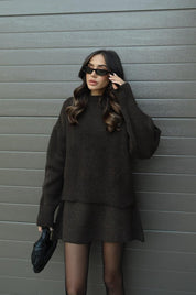 Herfst winter set dames – trui met bijpassende rok in bordeaux