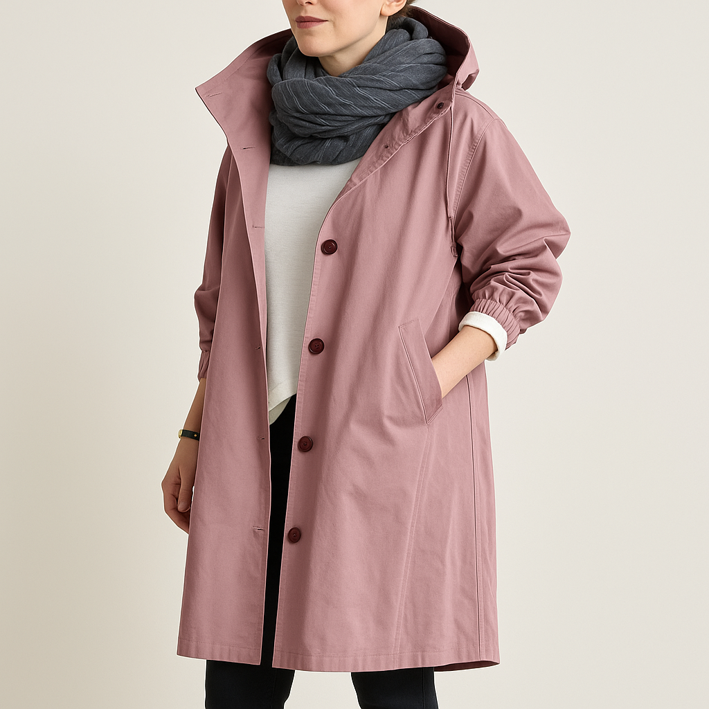Elegante waterdichte regenmantel dames – driekwart jas met capuchon en ceintuur