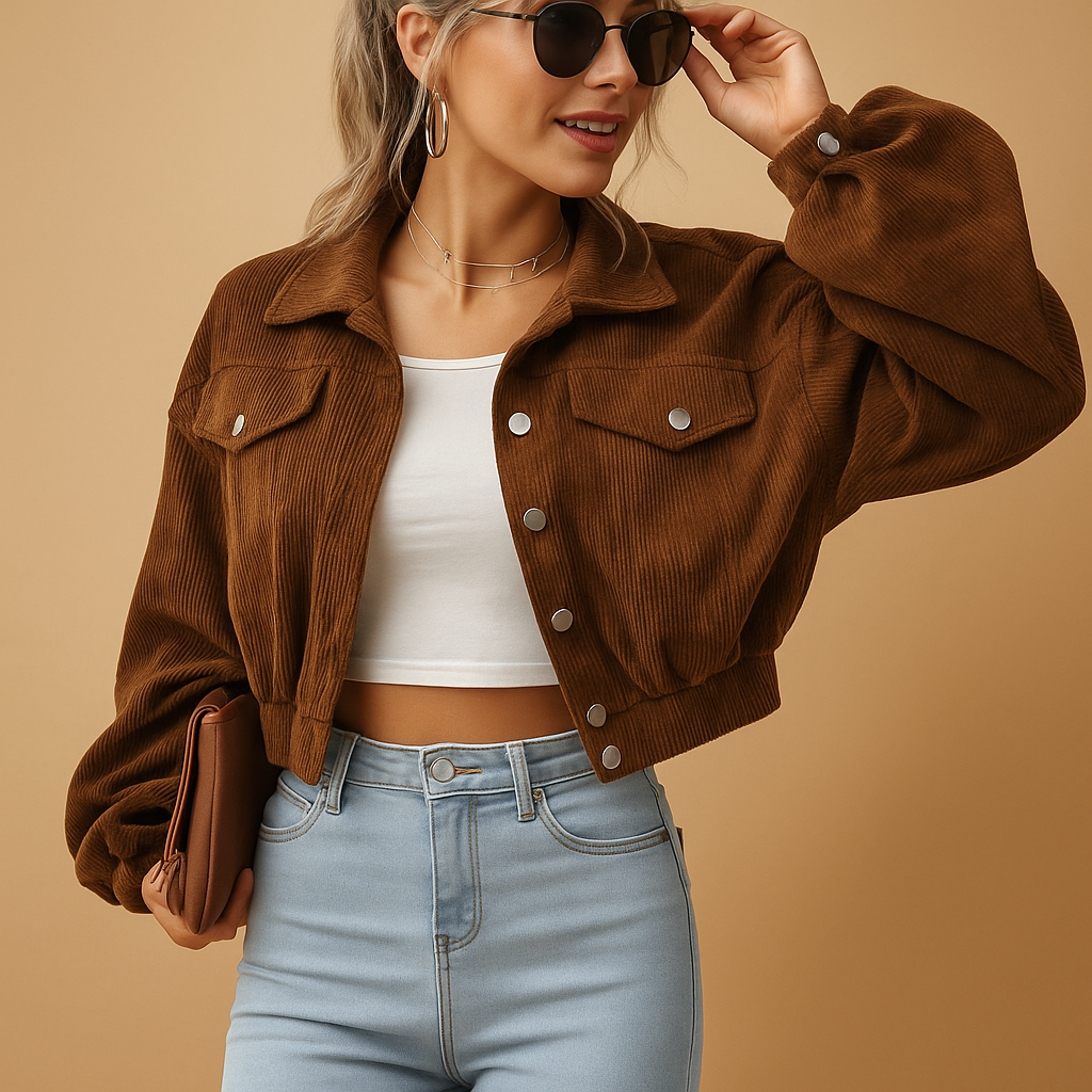 Korte Corduroy Jas Dames – Cropped Jasje met Ribstructuur & Zilveren Knopen | Yara