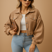 Korte Corduroy Jas Dames – Cropped Jasje met Ribstructuur & Zilveren Knopen | Yara