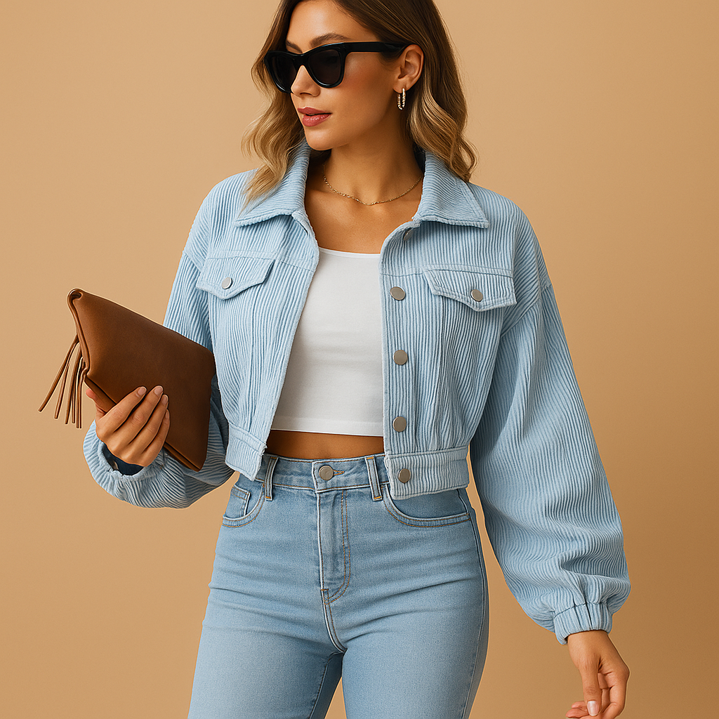 Korte Corduroy Jas Dames – Cropped Jasje met Ribstructuur & Zilveren Knopen | Yara