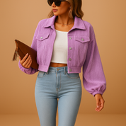 Korte Corduroy Jas Dames – Cropped Jasje met Ribstructuur & Zilveren Knopen | Yara