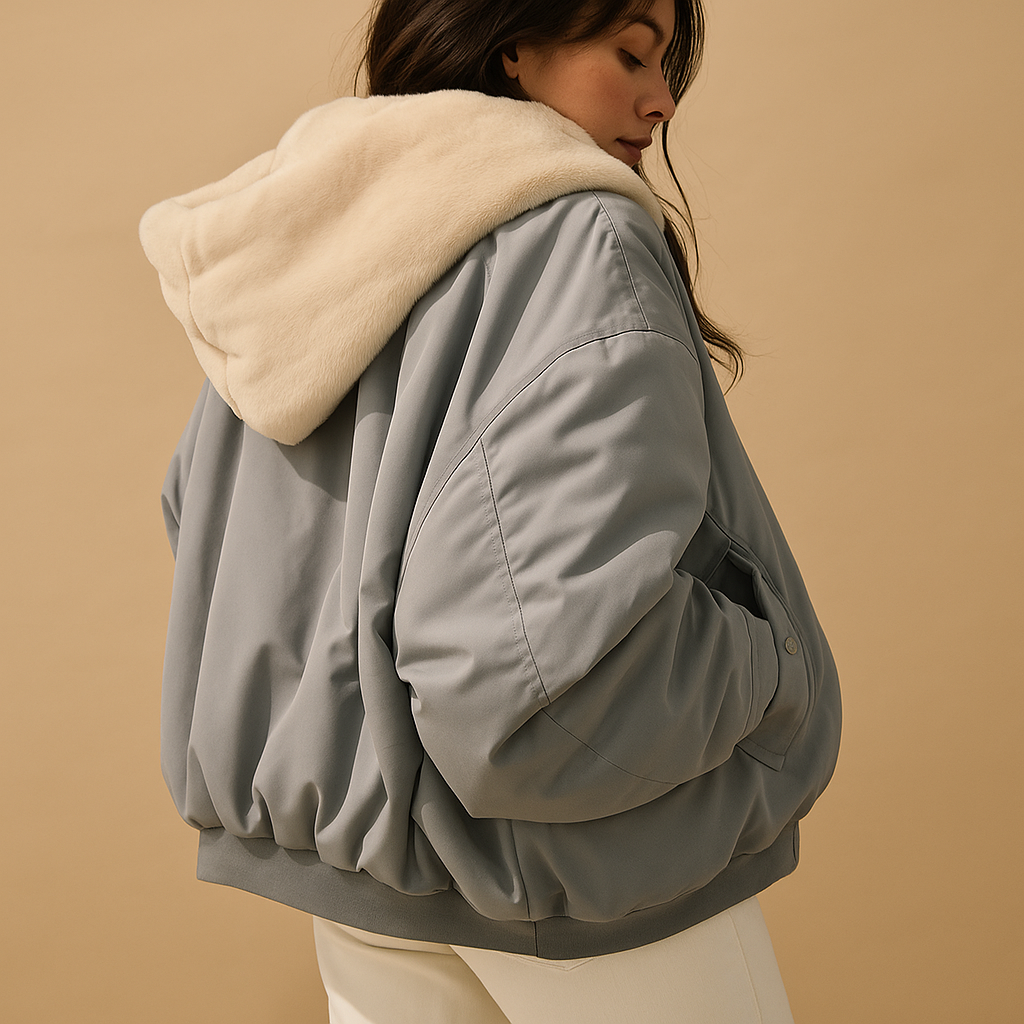 Korte winterjas dames met capuchon – Yara warme jas in zwart, blauw & wit