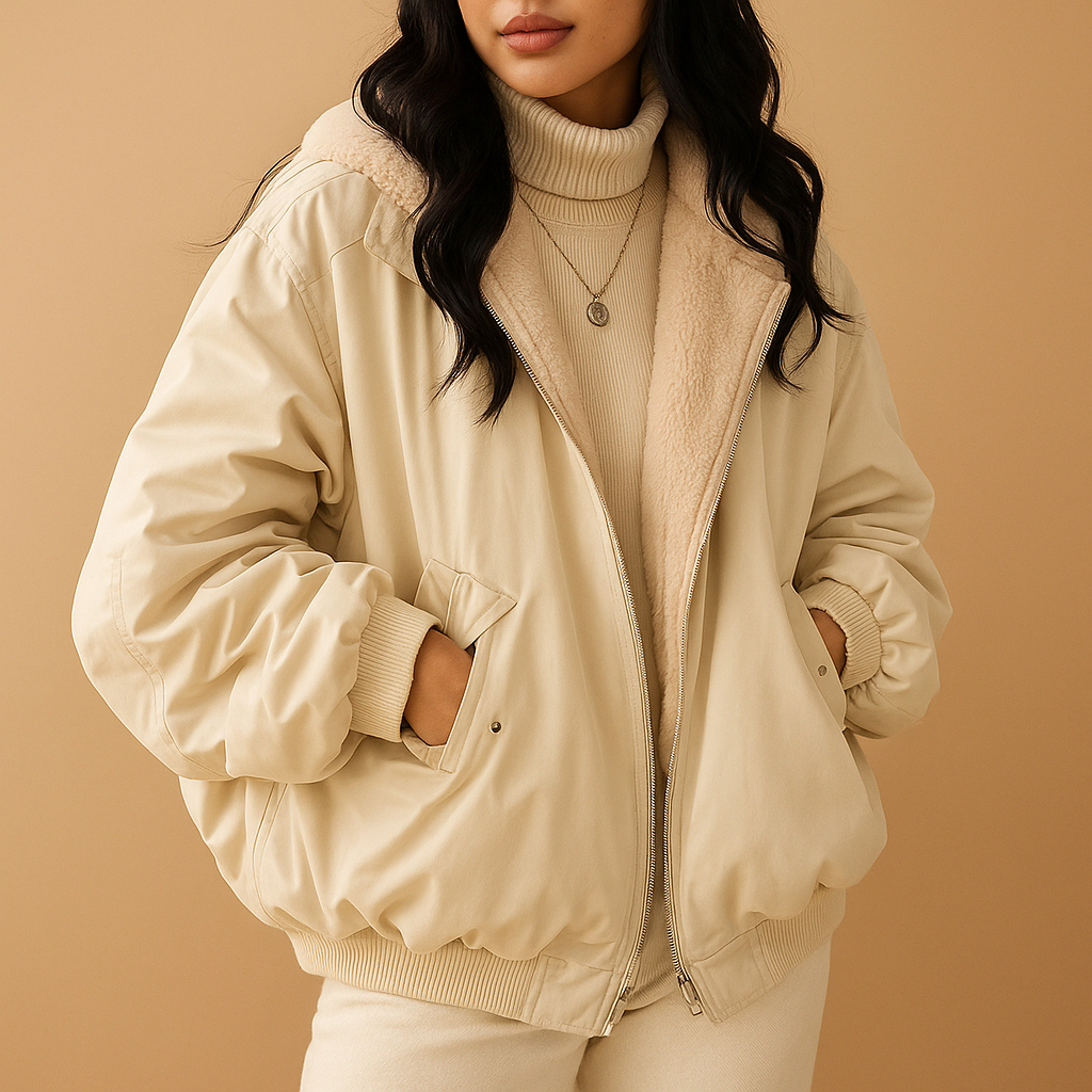 Korte winterjas dames met capuchon – Yara warme jas in zwart, blauw & wit