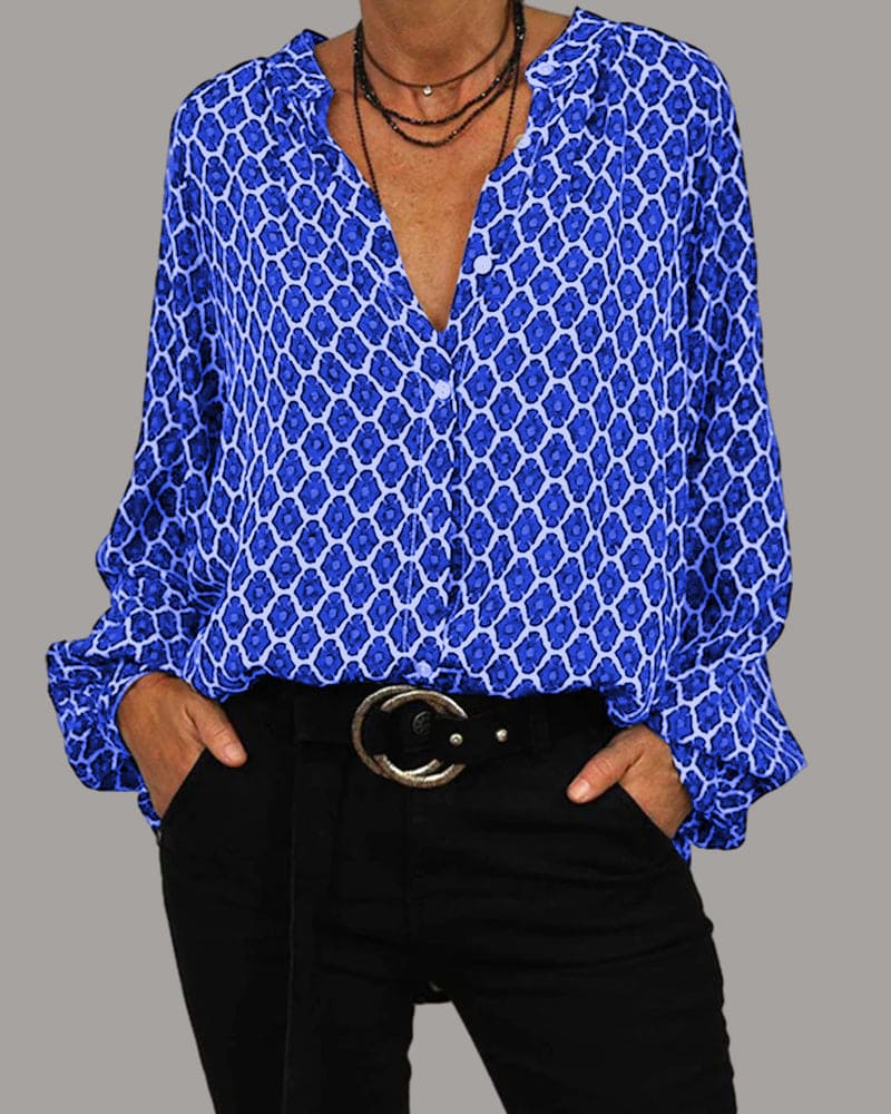 VADA dames blouse – geometrisch patroon met V-hals & lange mouwen