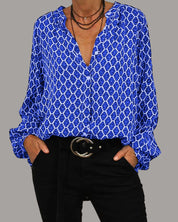 VADA dames blouse – geometrisch patroon met V-hals & lange mouwen