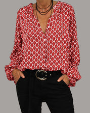 VADA dames blouse – geometrisch patroon met V-hals & lange mouwen