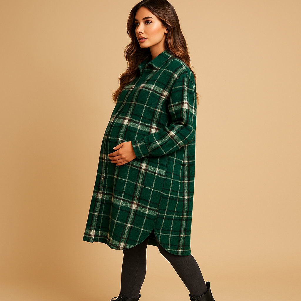 Lange geruite wol-look jas dames – Marit elegante mantel in bruin & groen