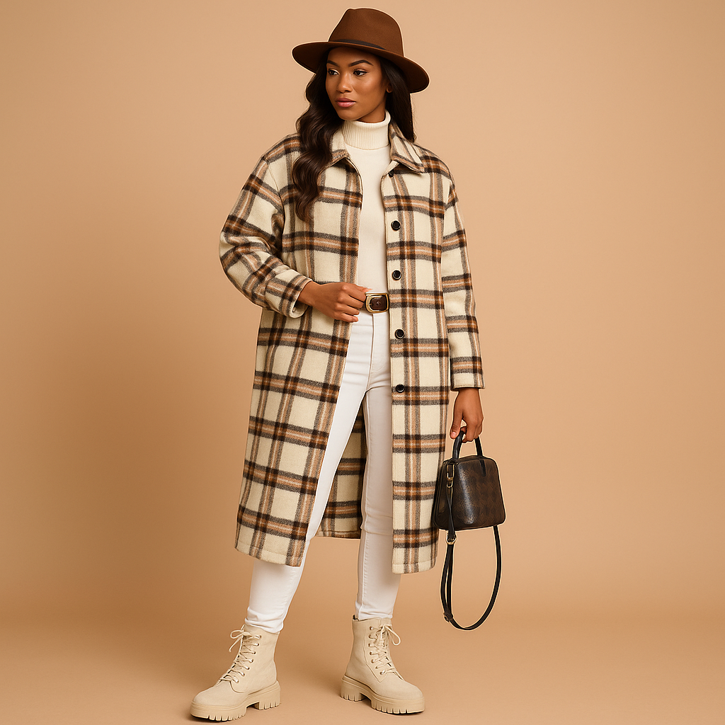 Lange geruite wol-look jas dames – Marit elegante mantel in bruin & groen