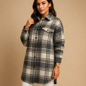 Lange geruite wol-look jas dames – Marit elegante mantel in bruin & groen