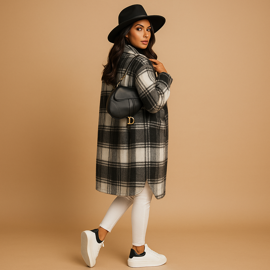 Lange geruite wol-look jas dames – Marit elegante mantel in bruin & groen