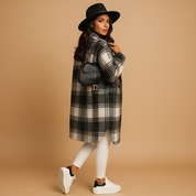 Lange geruite wol-look jas dames – Marit elegante mantel in bruin & groen