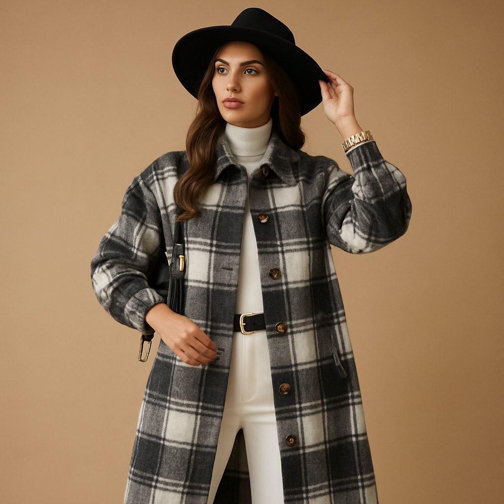 Lange geruite wol-look jas dames – Marit elegante mantel in bruin & groen