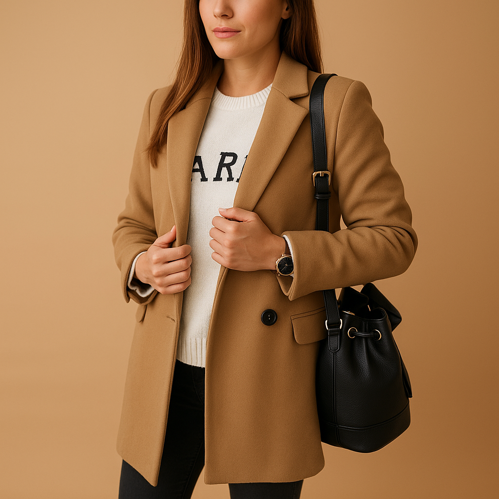 Lange winterjas dames – Marieke elegante jas in antraciet, blauw & camel