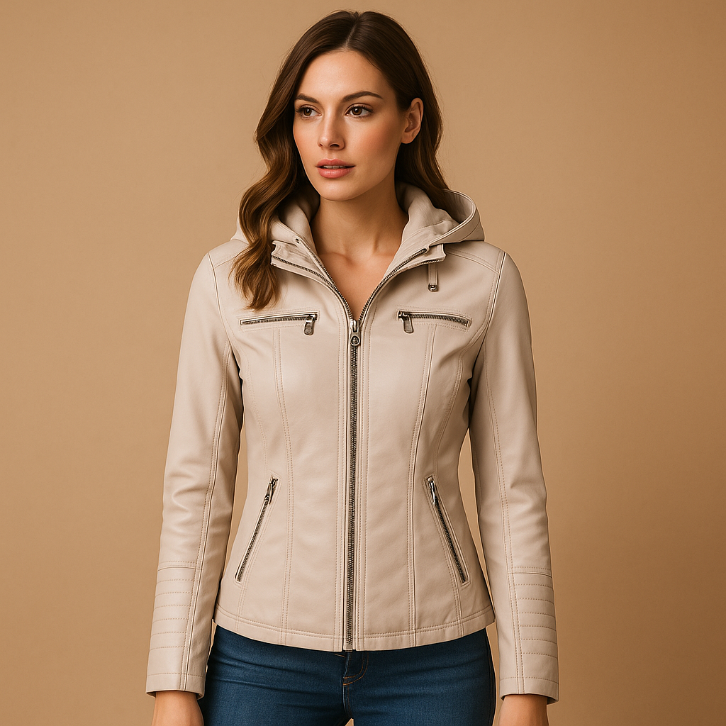 Leren jas dames met capuchon – Anouk getailleerde jas in zwart & neutrale tinten