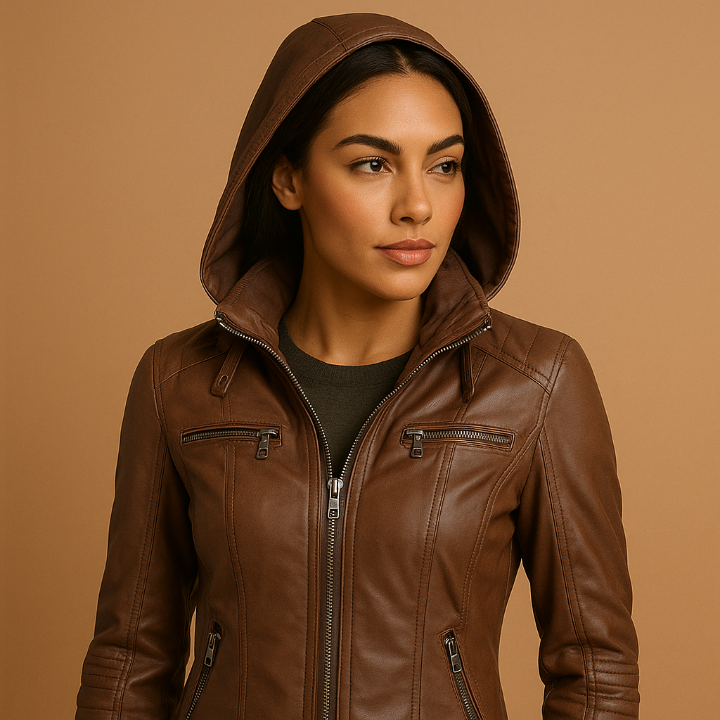 Leren jas dames met capuchon – Anouk getailleerde jas in zwart & neutrale tinten