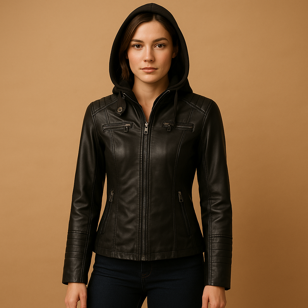 Leren jas dames met capuchon – Anouk getailleerde jas in zwart & neutrale tinten