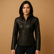 Leren jas dames met capuchon – Anouk getailleerde jas in zwart & neutrale tinten