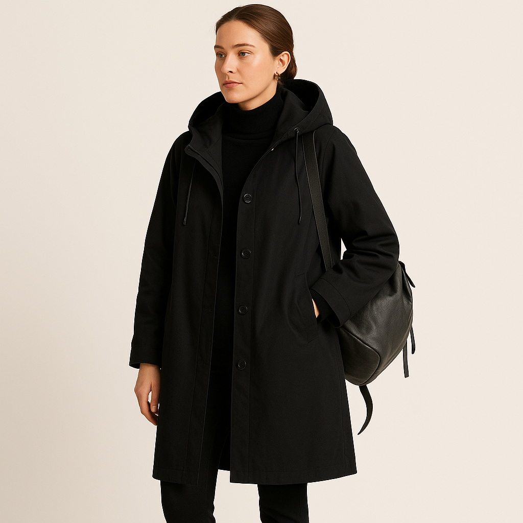 Elegante waterdichte regenmantel dames – driekwart jas met capuchon en ceintuur