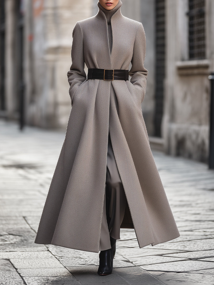 Lange dames winterjas – elegante A-lijn mantel met ceintuur en funnel nec