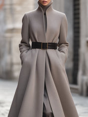 Lange dames winterjas – elegante A-lijn mantel met ceintuur en funnel nec