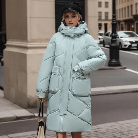 Dames Gewatteerde Jas – Oversized Winterjas met Capuchon, Verstelbare Manchetten & Halflang Design